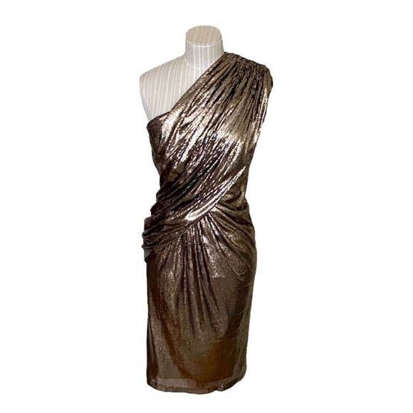 NWT Tadashi Shoji Bronze Sequin One Shoulder Cocktail Dress Size 6 - Picture 4 of 12